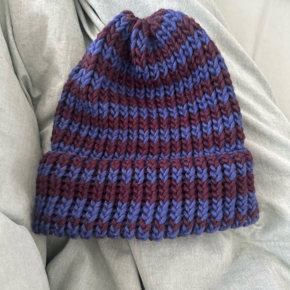 Cozy Striped Knit Beanie - Blue and Burgundy